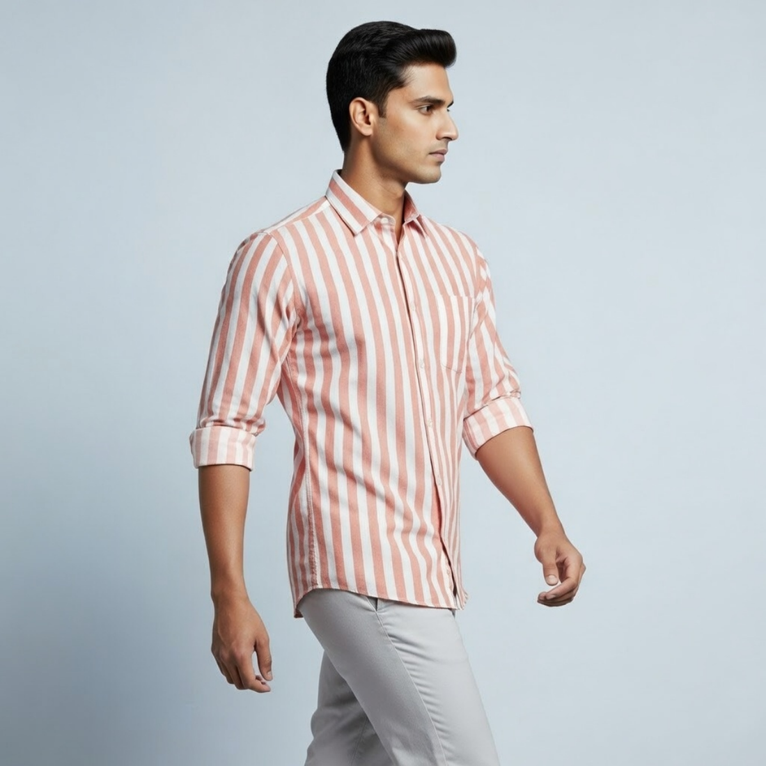Men's Premium Pink and White Cotton Striped Shirt (MSS-6)