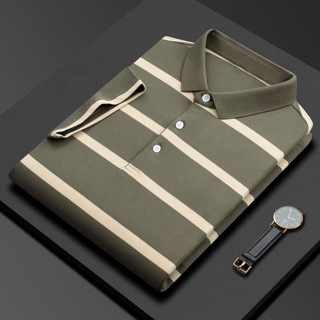 Men's Premium Olive Green and White Striped Cotton Polo T‑Shirt | S‑07