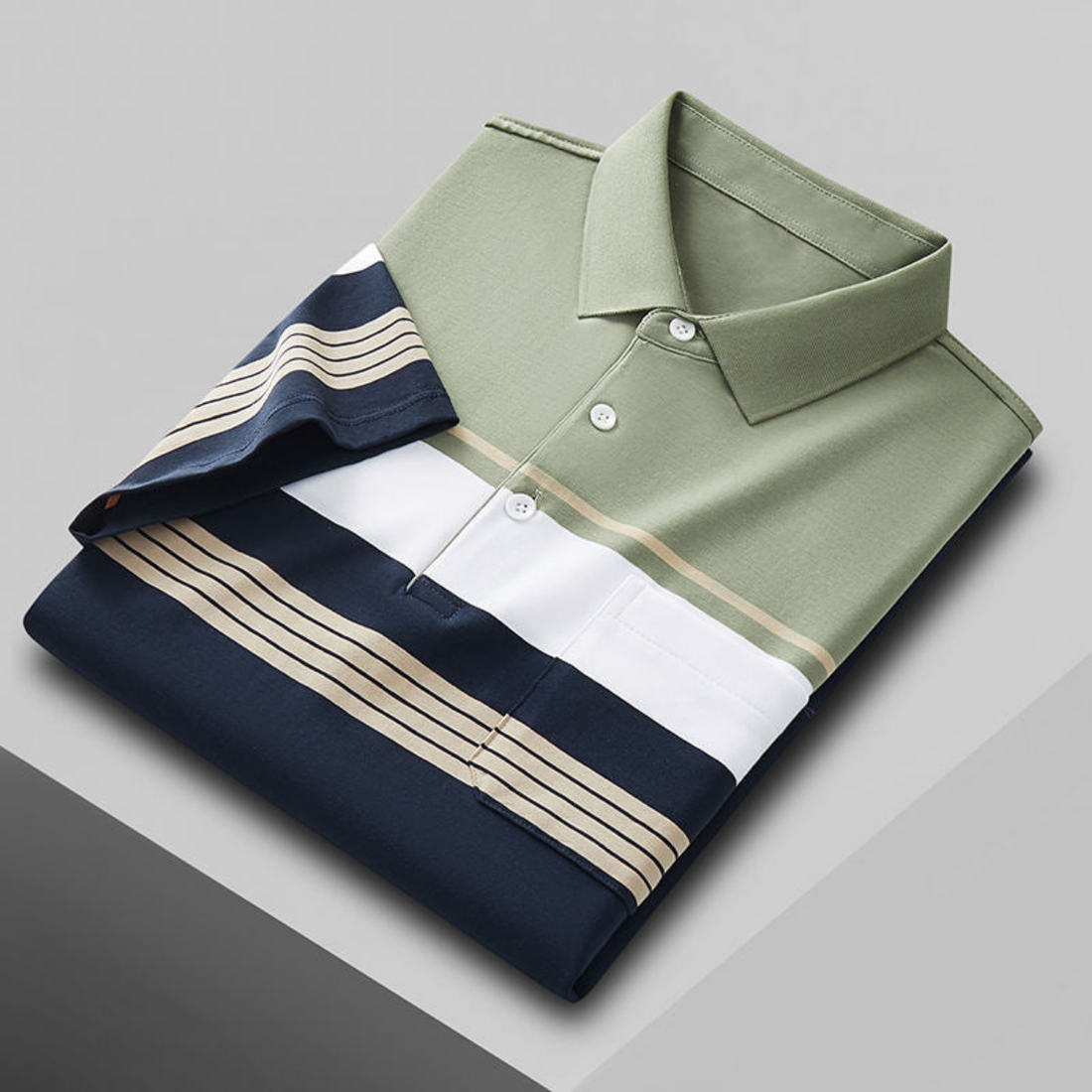 Men's Premium Sage Green and Navy Blue Striped Cotton Polo T‑Shirt | S‑08