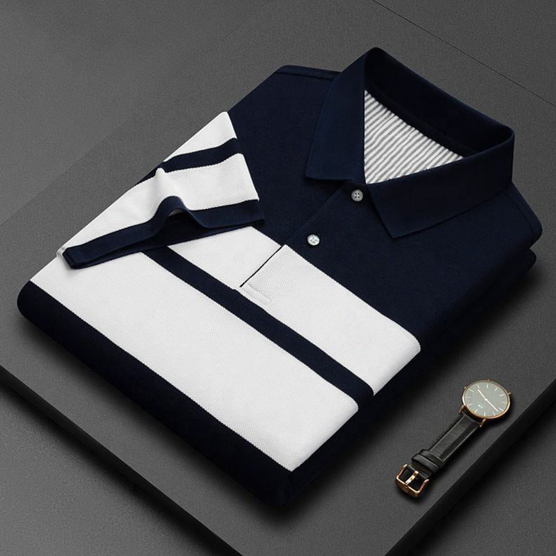 Men's Premium Navy Blue and White Striped Cotton Polo T‑Shirt  | S‑09