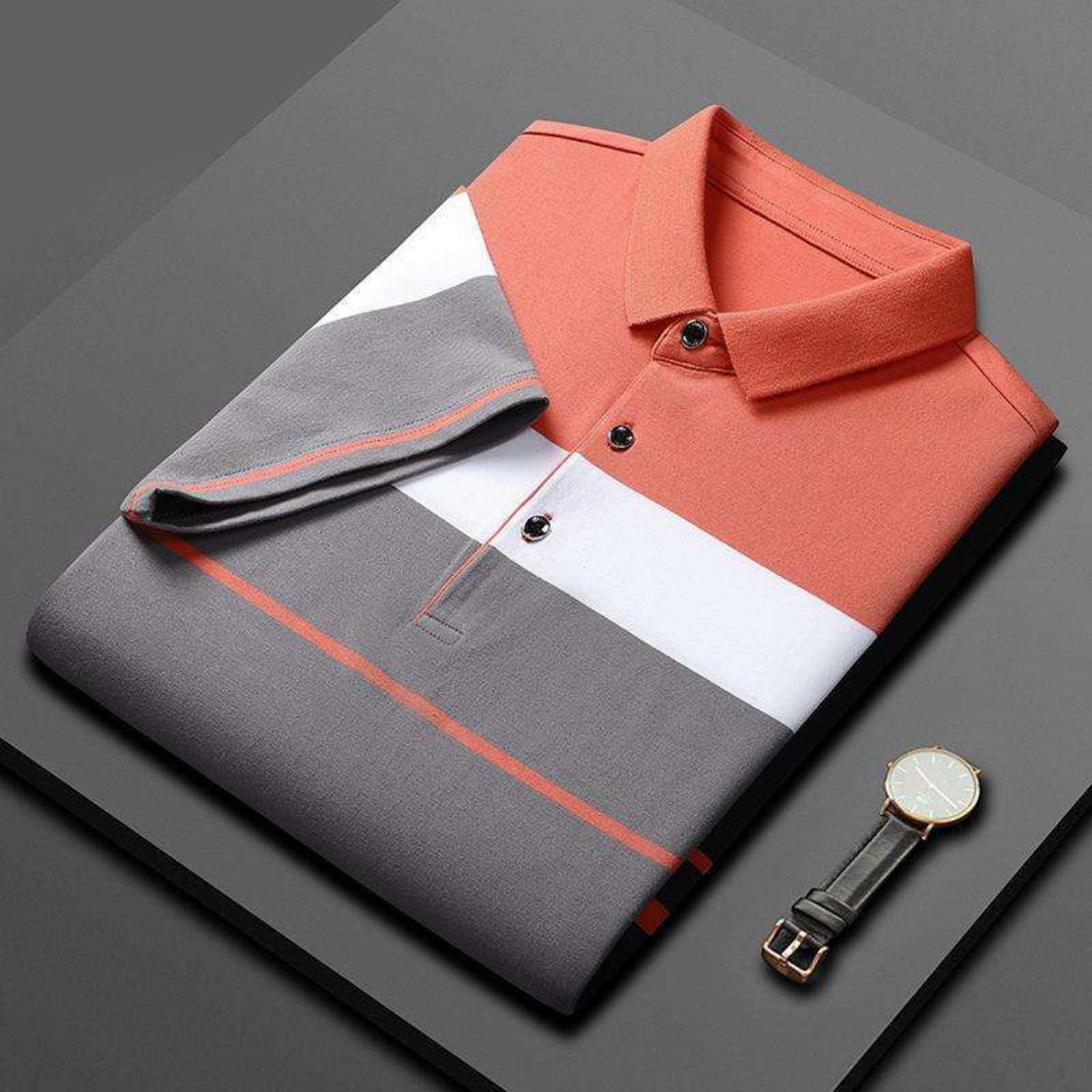 Men's Premium Orange and Gray Striped Cotton Polo T‑Shirt | S‑02