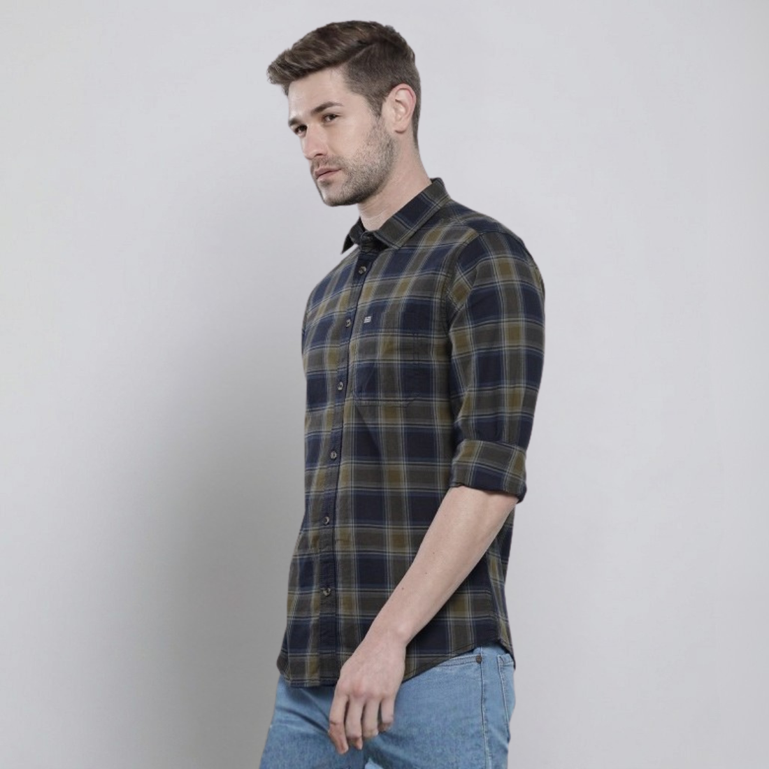 Premium Cotton Navy Blue and Olive Green Checked Shirt – Casual & Office Wear|CS-03